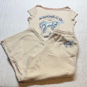Ford Bronco Cream Graphic Ringer Tee & Wide Leg Sweatpants Lounge Set, Large NWT